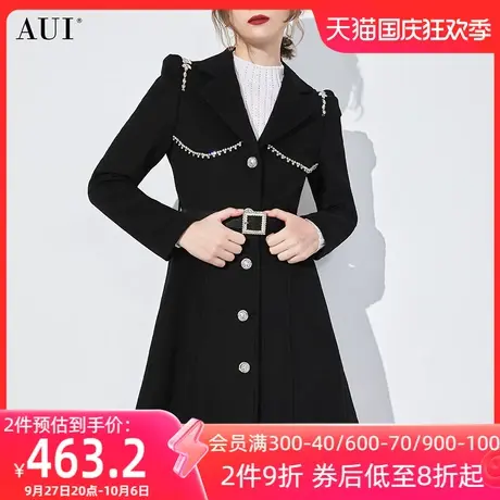 AUI黑色御姐气质毛呢外套女2023秋冬新款高级感修身长袖呢子大衣商品大图