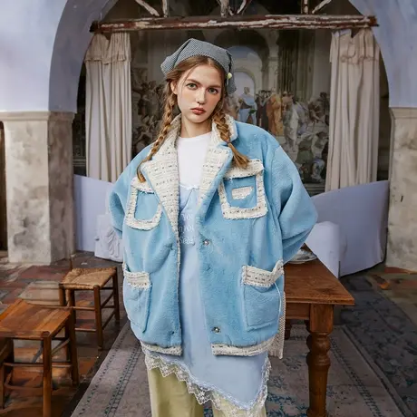 小香风拼接棉服女冬季加厚外套2023新款潮牌棉袄复古宽松毛毛棉衣商品大图