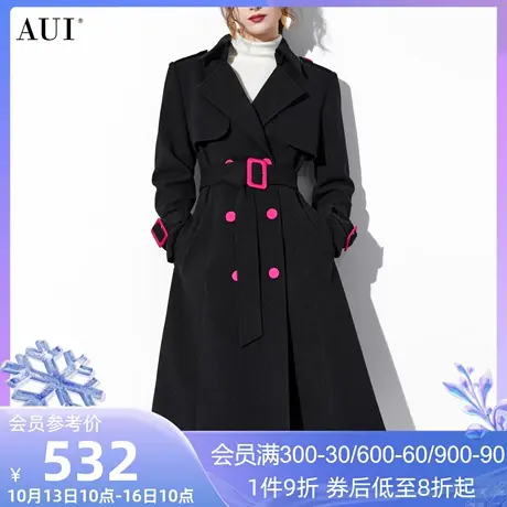 AUI黑色设计感拼接毛呢外套女冬2023新款气质修身中长款呢子大衣商品大图