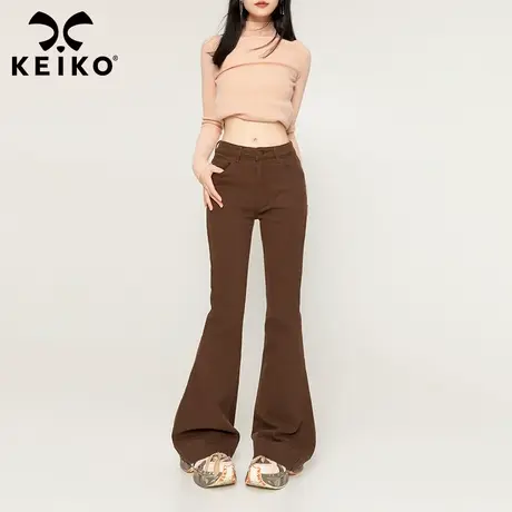 KEIKO 咖色高腰微喇牛仔裤女2023秋冬显瘦修身加长马蹄喇叭裤子图片