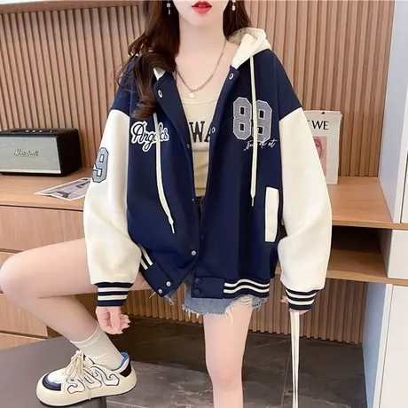 设计感小众撞色外套女2023新款冬季韩版宽松加绒加厚百搭夹克开衫图片