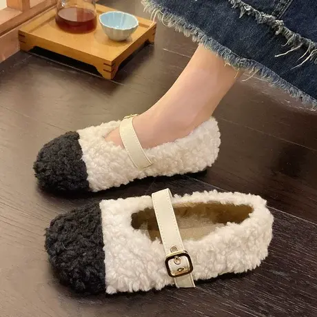 羊羔毛玛丽珍鞋女2023年秋冬新款一字扣法式棉鞋平底仙女风毛毛鞋商品大图