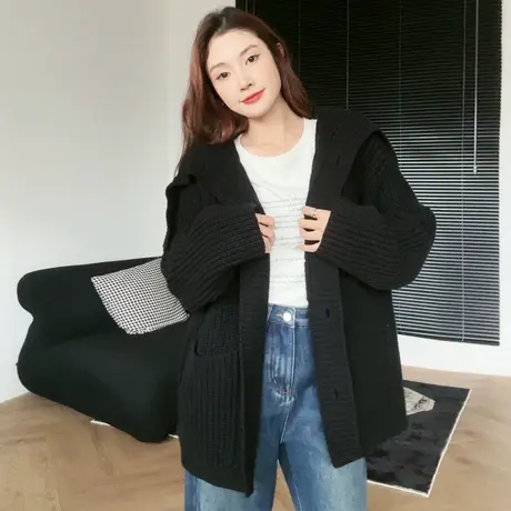 小个子宽松中长款慵懒翻领黑色加厚开衫毛衣外套女秋冬2023新款图片