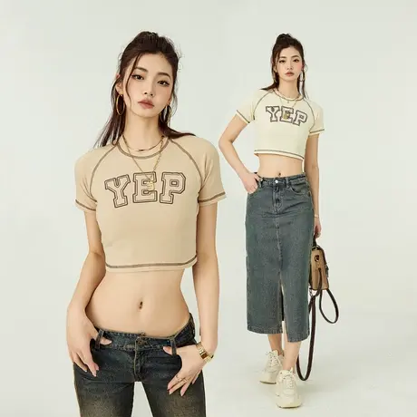 YEP复古字母印花短袖t恤女2023新款设计感辣妹修身短款半袖ins潮商品大图