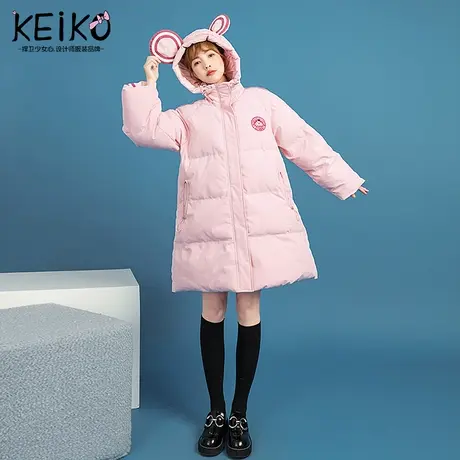 可爱卡通连帽粉色棉服女中长款2021冬季新款甜美风面包服加厚棉袄商品大图