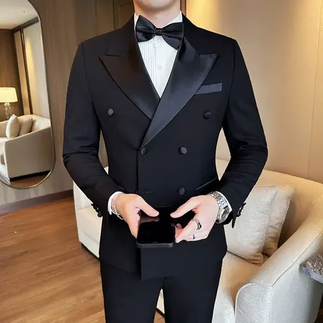 高档羊毛塔士多缎面拼接戗驳领双排扣西服男宴会套装新郎结婚礼服图片