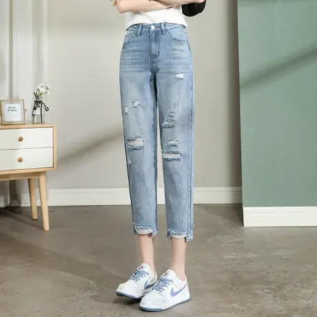 唐狮春夏季女牛仔裤宽松高腰破洞哈伦裤八分裤百搭九分牛仔裤商品大图