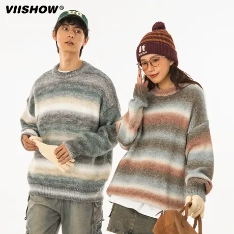 VIISHOW日系复古条纹圆领毛衣男秋冬季2023新款宽松慵懒风针织衫商品大图