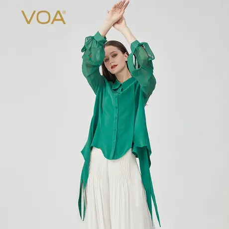 VOA真丝30姆米重磅云杉绿POLO领撞料拼接单排扣长袖桑蚕丝衬衫图片