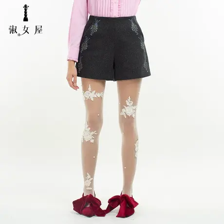淑女屋官方旗舰店冬新品商场同款黑色高腰通勤时尚减龄灰姑娘短裤图片