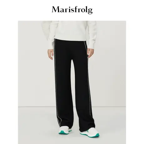 【羊毛针织裤】玛丝菲尔冬季新款黑色明线装饰阔腿休闲裤商品大图