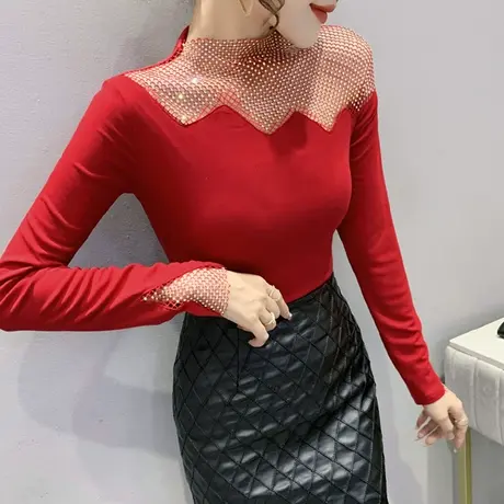 性感镂空长袖t恤女ins潮小众设计感洋气质上衣烫钻内搭打底衫秋冬商品大图