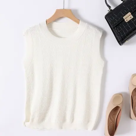 2023夏季女士t恤上衣打底无袖修身常规针织冰丝纯色圆领镂空薄款图片