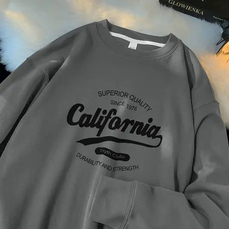 350g美式重磅灰色卫衣男潮牌圆领无帽上衣服宽松潮流印花长袖t恤图片