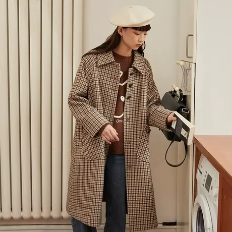 omont蛋挞家 复古千鸟格子毛呢外套女秋冬中长款过膝显瘦呢子大衣商品大图