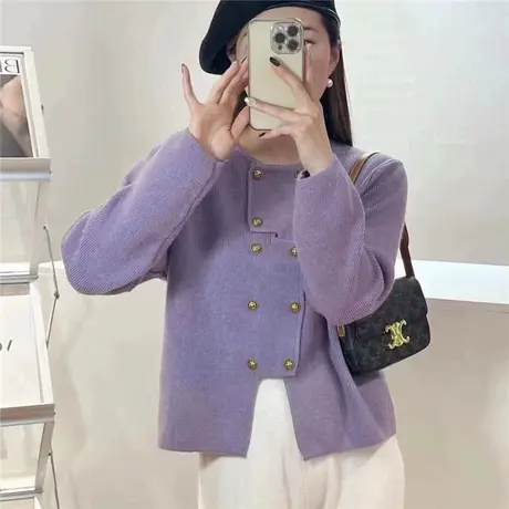 2024春季新款女上衣设计感小众开衫针织外套春秋款紫色毛衣女外穿商品大图