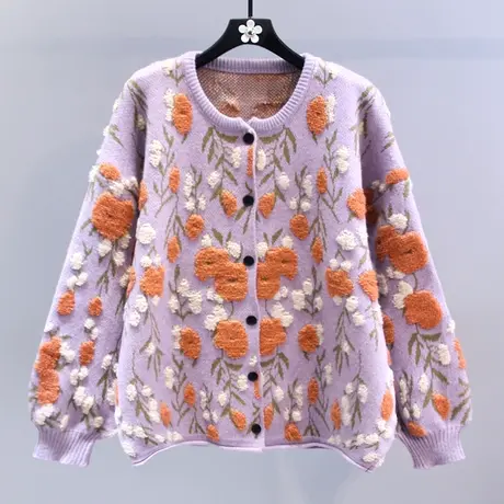 日系复古慵懒风提花圆领毛衣外套女秋冬2023新款宽松软糯针织开衫商品大图