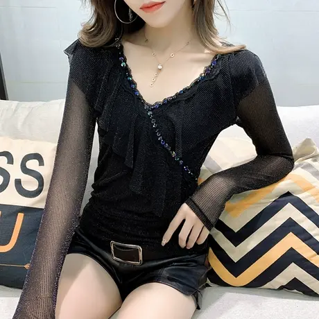 韩国时尚荷叶边洋气上衣女春秋重工钉珠V领T恤女长袖百搭打底小衫商品大图