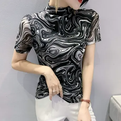 2024春装新款半高领网纱上衣女短袖扎染T恤欧货洋气小衫设计感ins图片