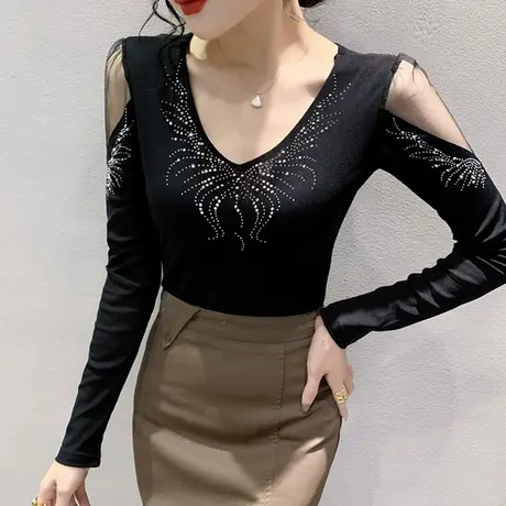 时尚网纱打底衫女春秋2024新款洋气烫钻长袖T恤修身显瘦V领上衣潮商品大图
