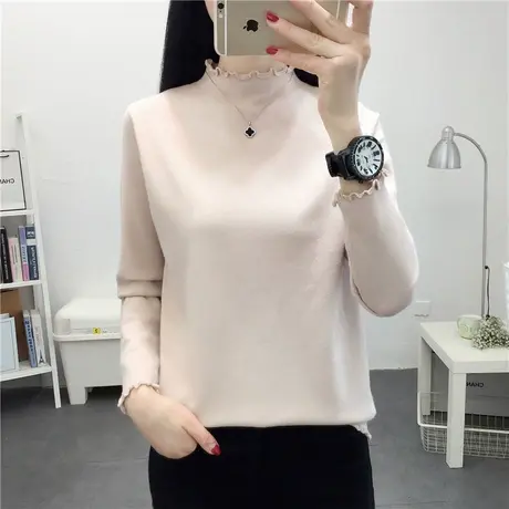 秋冬新款荷叶边纯色宽松针织衫打底衫女士薄毛衣时尚内搭韩版上衣商品大图