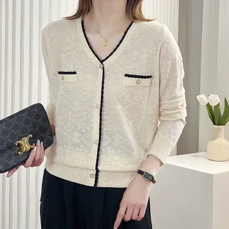 春秋季2023新款蕾丝针织衫V领开衫女士勾花薄款洋气上衣外套百搭图片