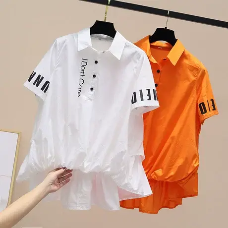 欧洲站时尚字母翻领短袖衬衫上衣女2023夏季新款韩版宽松纽扣衬衣商品大图