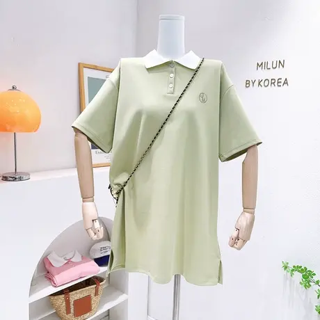 韩国东大门Polo领连衣裙2023夏款chic拼色短袖中长款T恤宽松休闲图片