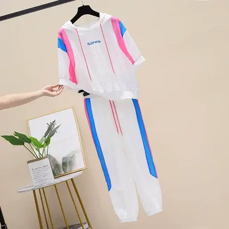 欧货连帽防晒衣运动套装女2023夏春季撞色拼接上衣+束脚裤两件套商品大图
