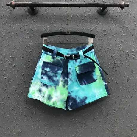 2023夏季新款时尚扎染牛仔短裤女高腰宽松显瘦百搭休闲A字阔腿裤图片