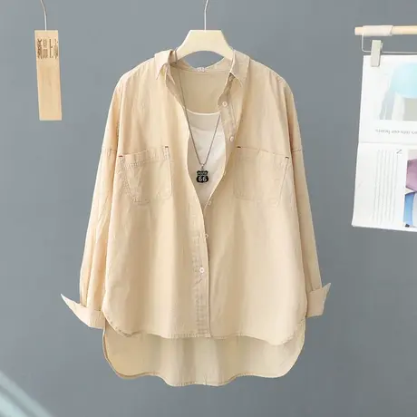 前短后长洋气纯棉简约衬衫女纯色上衣长袖宽松叠穿休闲衬衣打底衫图片