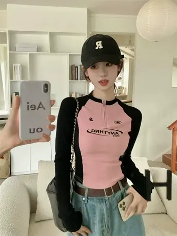 美式撞色长袖T恤女秋季2024新款字母印花修身显瘦设计感拼接上衣商品大图