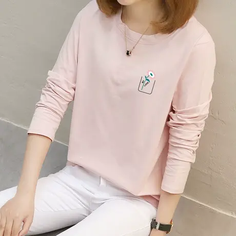 春季女装2022年新款潮早春宽松长袖t恤女百搭纯棉春装圆领上衣服图片