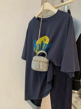 个性洋气减龄印花中长款短袖t恤女欧货休闲大版上衣遮屁股打底衫商品大图