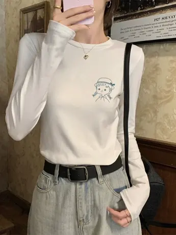 仿棉白色内搭打底衫女2023新款春秋装冬季欧货德绒长袖t恤上衣服图片