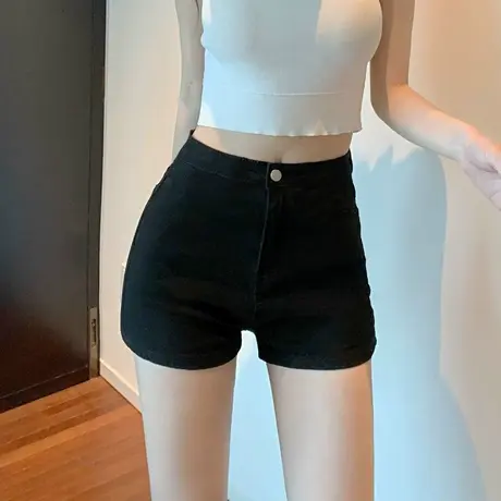 港风弹力修身高腰百搭显瘦牛仔短裤辣妹热裤女包臀紧身图片