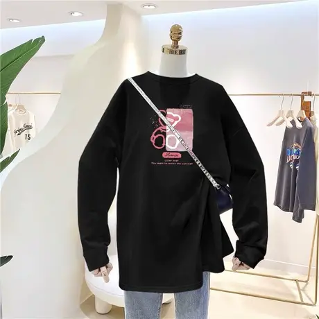 oversize早秋t恤女长袖2021年春秋装新款宽松ins欧货大码胖mm上衣商品大图
