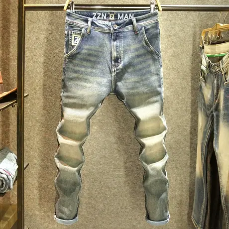 复古做旧秋冬款男士牛仔裤修身小直筒裤子潮牌美式怀旧百搭长裤厚商品大图