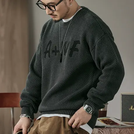 复古长袖毛衣休闲毛衣男宽松慵懒风百搭圆领毛衣休闲潮流男款冬季商品大图