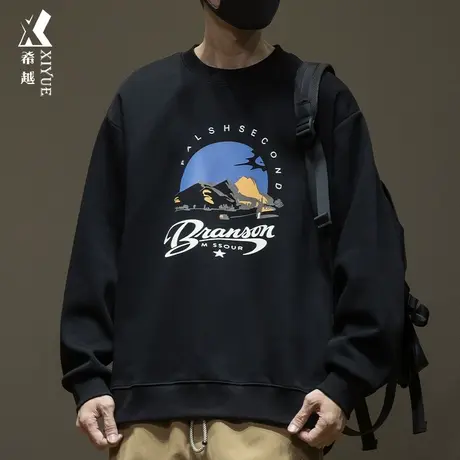 希越双面棉春秋季重磅卫衣男士宽松大码美式圆领长袖T恤打底内搭商品大图