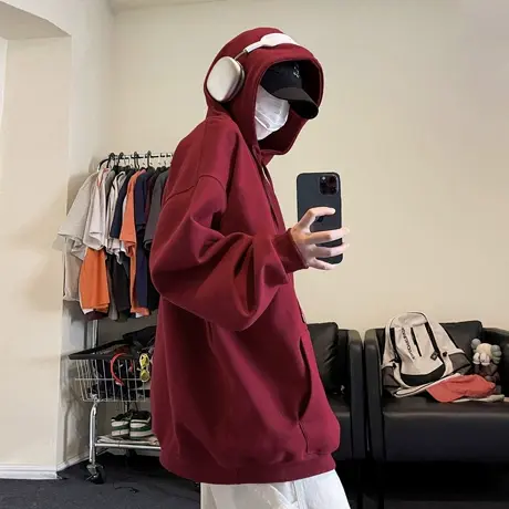 酒红色340g重磅华棉连帽卫衣男款春秋日系宽松大码休闲外套上衣服商品大图