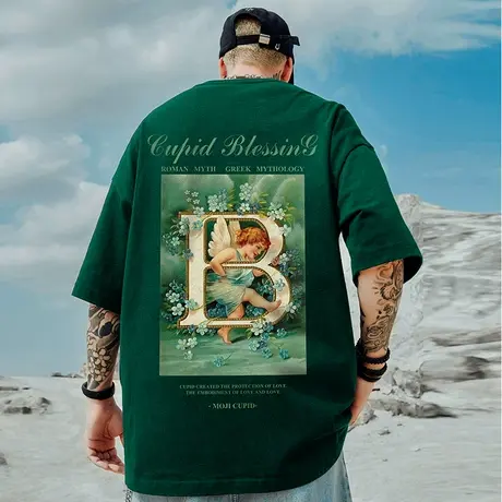 高街潮牌宽松T恤胖子短袖男加肥加大五分袖纯棉国潮大码男装夏季图片