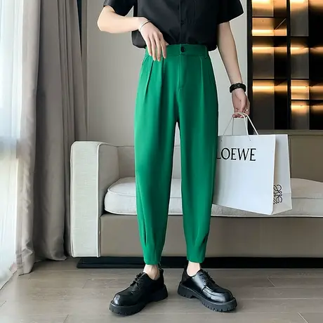 男士丝滑垂坠西裤休闲宽松束脚墨绿色九分裤男夏季冰丝薄款裤子潮图片