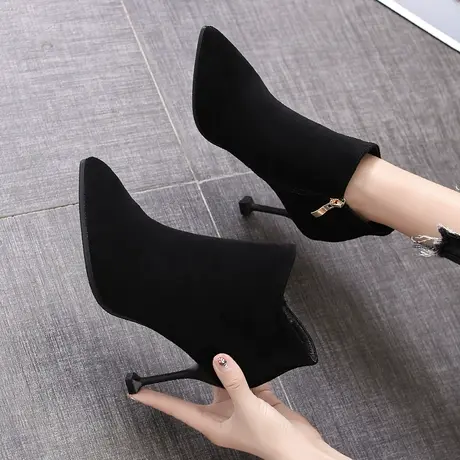 靴子女2024冬季新款尖头拉链短靴细跟性感百搭高跟马丁靴黑色裸靴商品大图