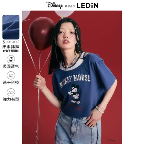 【迪士尼联名】乐町撞色两件套上衣夏新款辣妹短款短袖T恤女图片