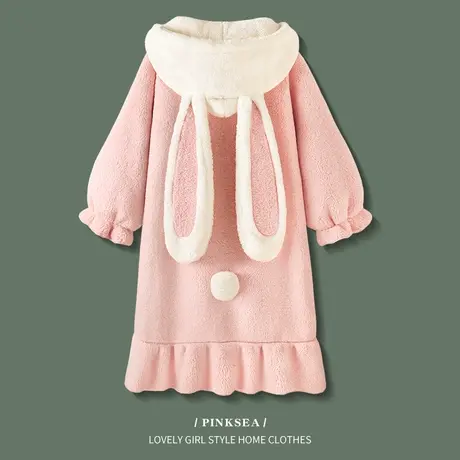 【设计师款】睡衣女秋冬款加厚珊瑚绒长款睡袍可外穿小奶兔家居服商品大图