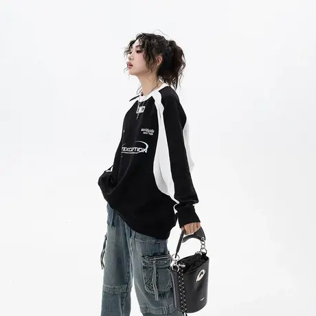 【好物体验专享】YEP美式复古拼接卫衣女春秋2023新款赛车风宽松图片