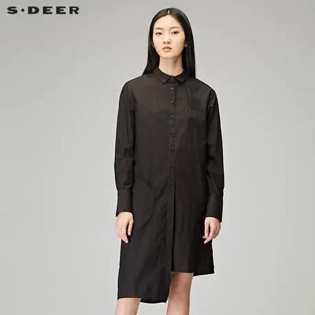 sdeer圣迪奥秋装纯色方领绣花不规则黑色长袖衬衫女S18180508图片
