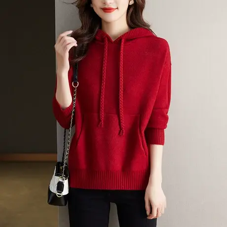 2023秋冬新款连帽毛衣卫衣女红色大码装宽松显瘦上衣休闲针织衫潮图片