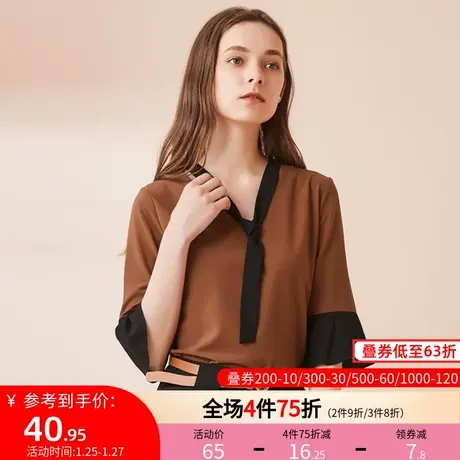 秋水伊人新款女装2019春秋撞色荷叶袖领口系带雪纺衫M03图片